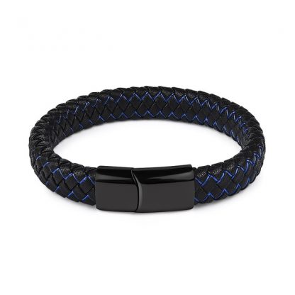 Pulseira de Couro Com Trançado Azul e Aço Inoxidável Preto