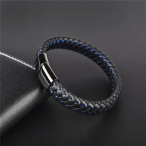 Pulseira de Couro Com Trançado Azul e Aço Inoxidável Preto carteira