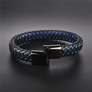 Pulseira de Couro Com Trançado Azul e Aço Inoxidável Preto escuro