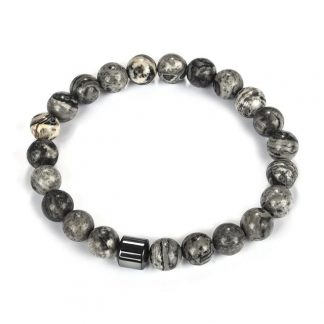 Pulseira de Pedra Natural Cinza Com Bead Preto